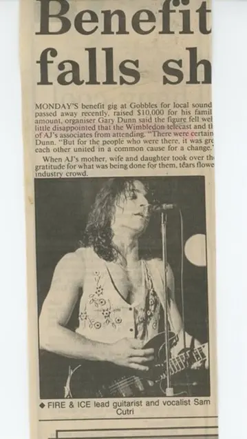 Historic newspaper clipping identifying Sam Cutri as Fire and Ice lead guitarist and vocalist